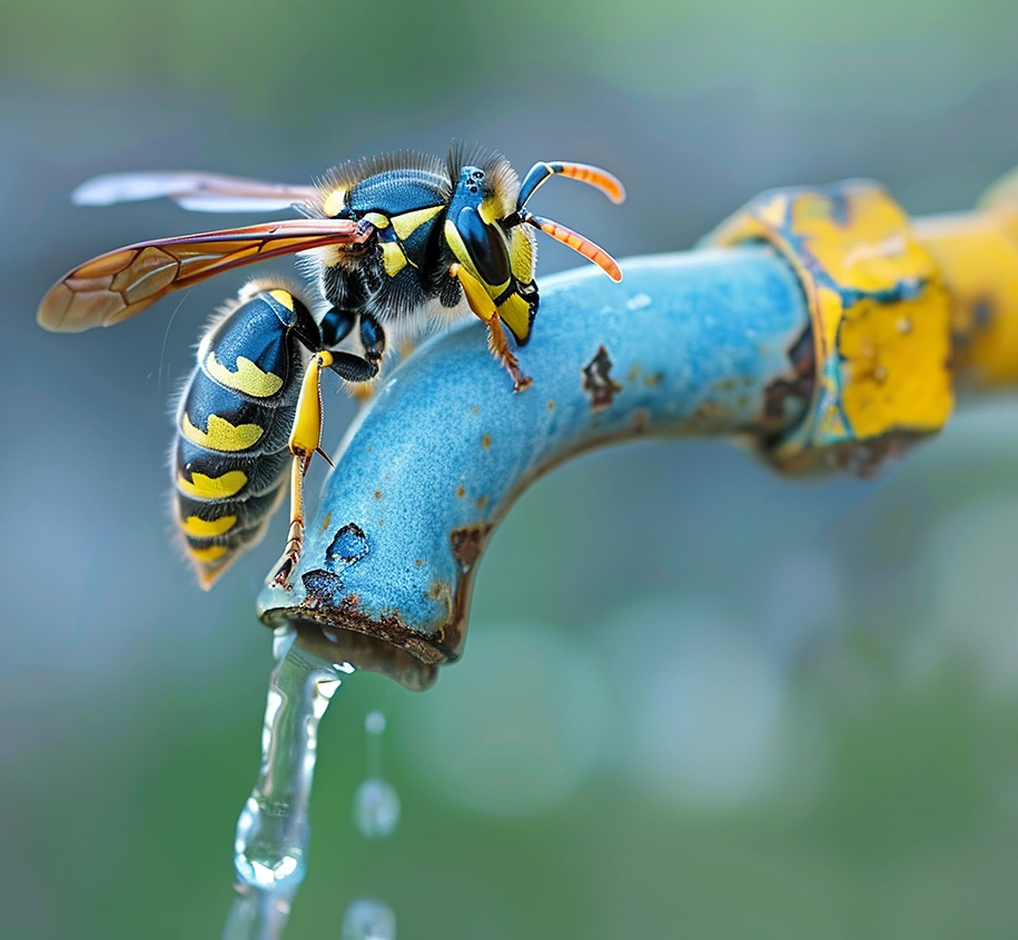 Eine Wespe befindet sich auf einem Wasserhahn